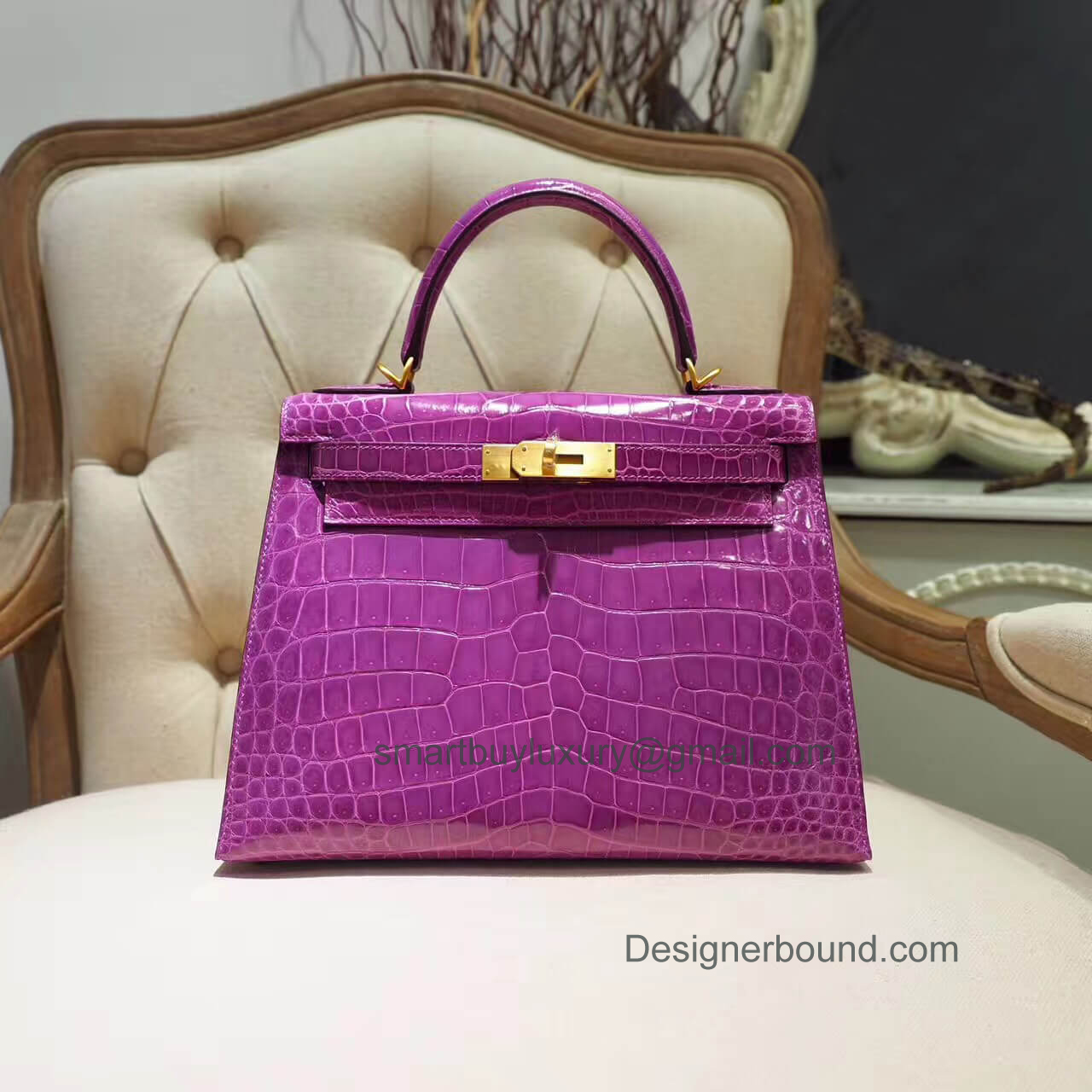 Hermes Kelly 28 Bag in 5c Violet Shiny Porosus Croc GHW